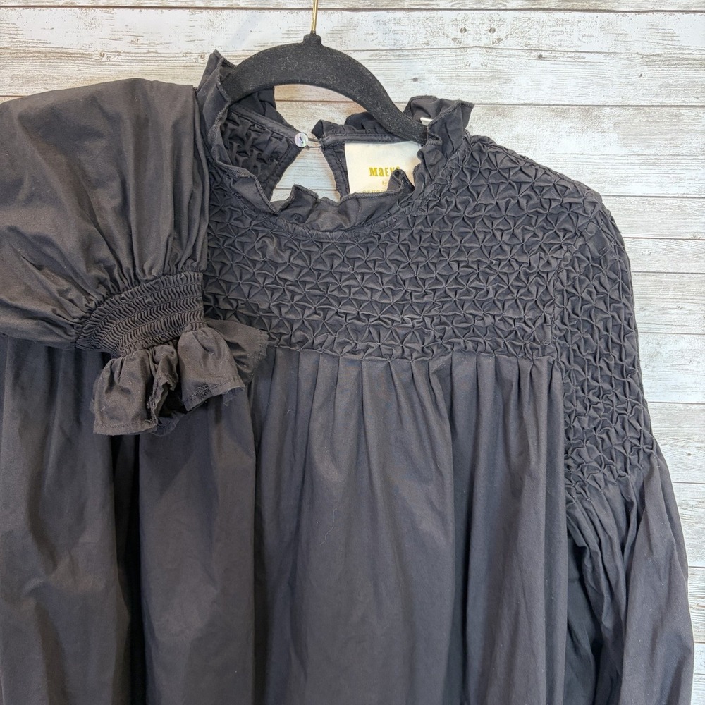 Anthropologie Maeve Womens 0 Top Smocked Peasant Blouse Black Puff Sleeve Cotton